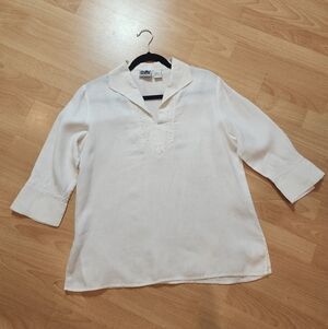 Irish Linen 100% Linen Embroidered White Collared Top Blouse Size Medium